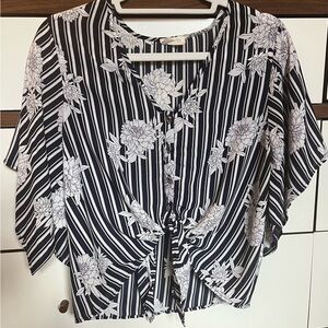 Sienna Sky Navy and White Tie Front Short Sleeve Blouse